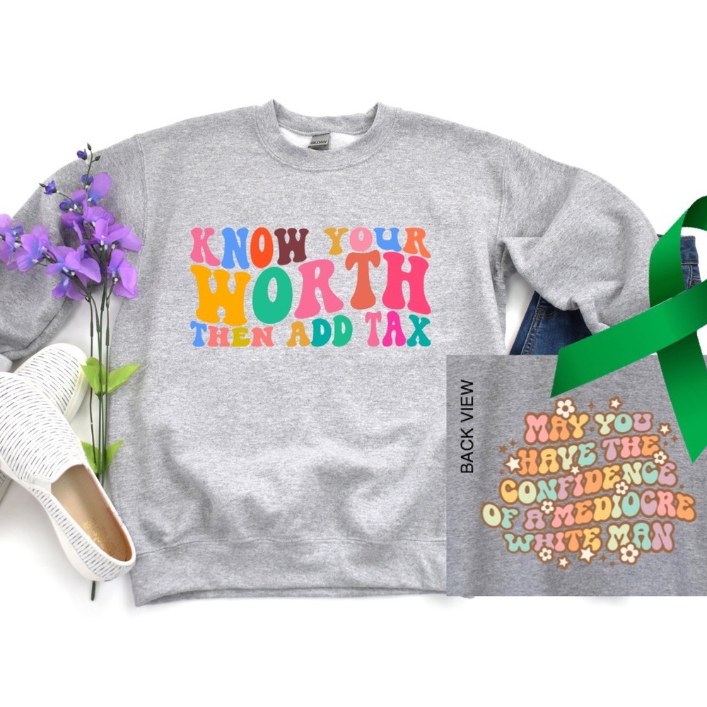 Know your worth mental health graphic crewneck raglan pullover sweatshirt large - Picture 1 of 10